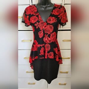 Women Danesi Black and Red Floral Peplum Dress Size :medium